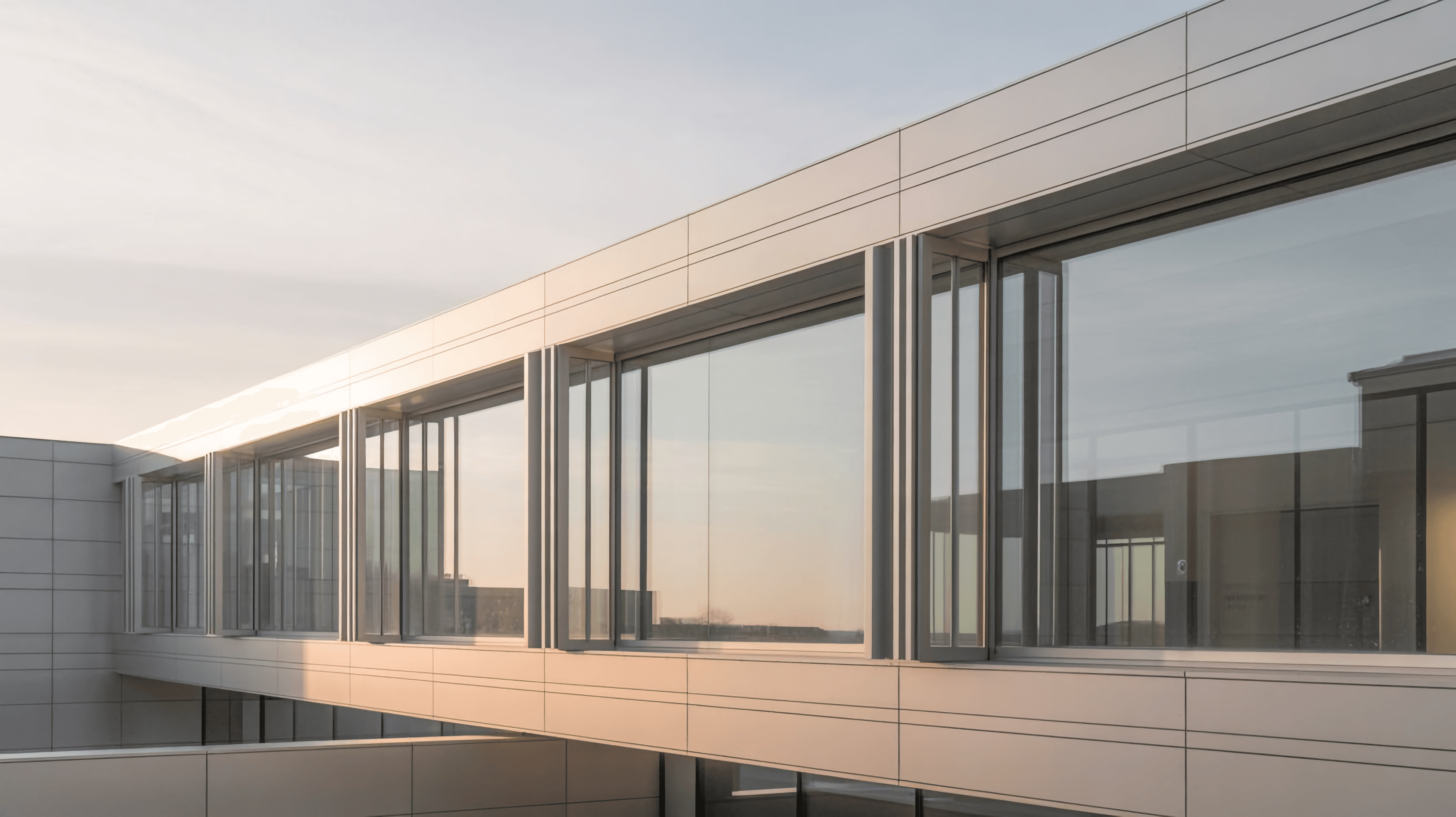 Modern glass office building at sunset.