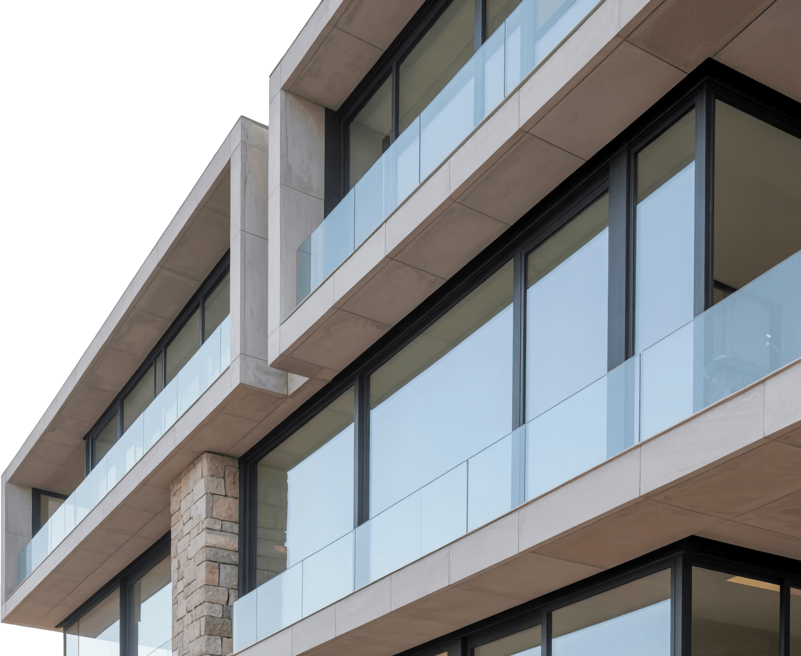 Modern multi-story building with large glass windows and balconies, viewed from below.